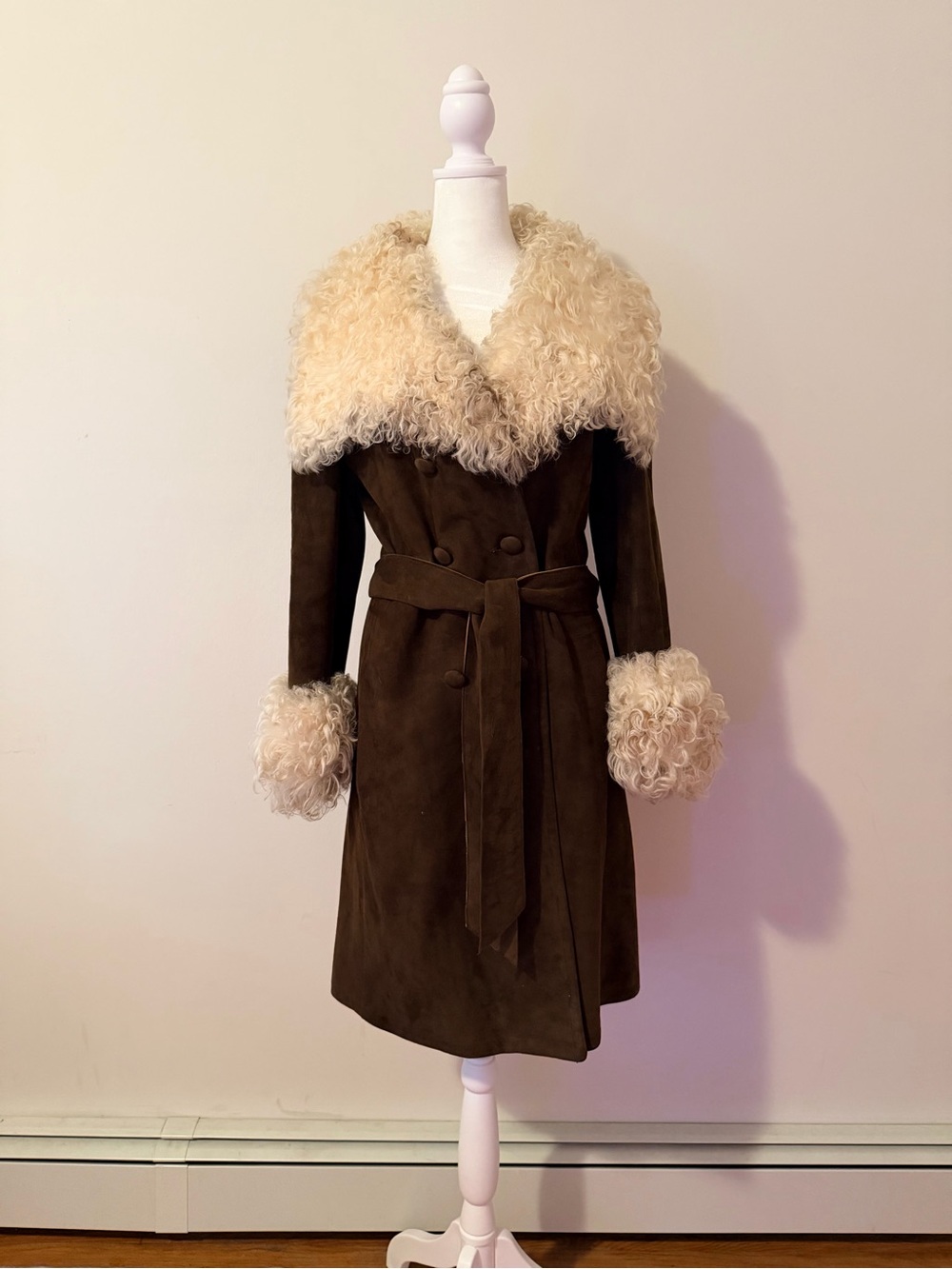 Vintage 70’s Penny Lane Shearling-Trim Suede Coat - Brown & Cream